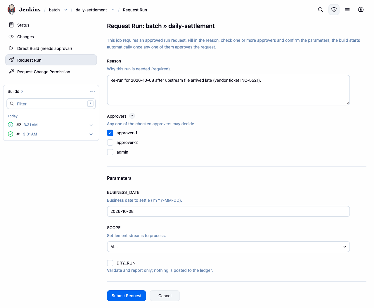 Request Run form of a protected job, with its build parameters, a reason field and approver checkboxes