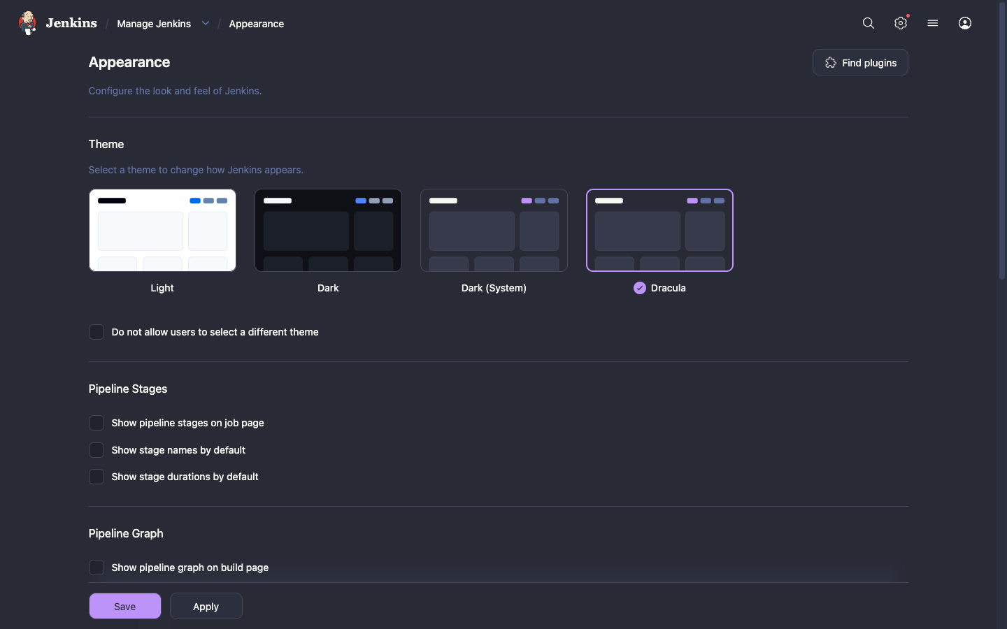 Theme selection on the Appearance page
