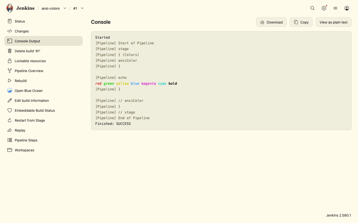 Console output of a Pipeline build in the light theme