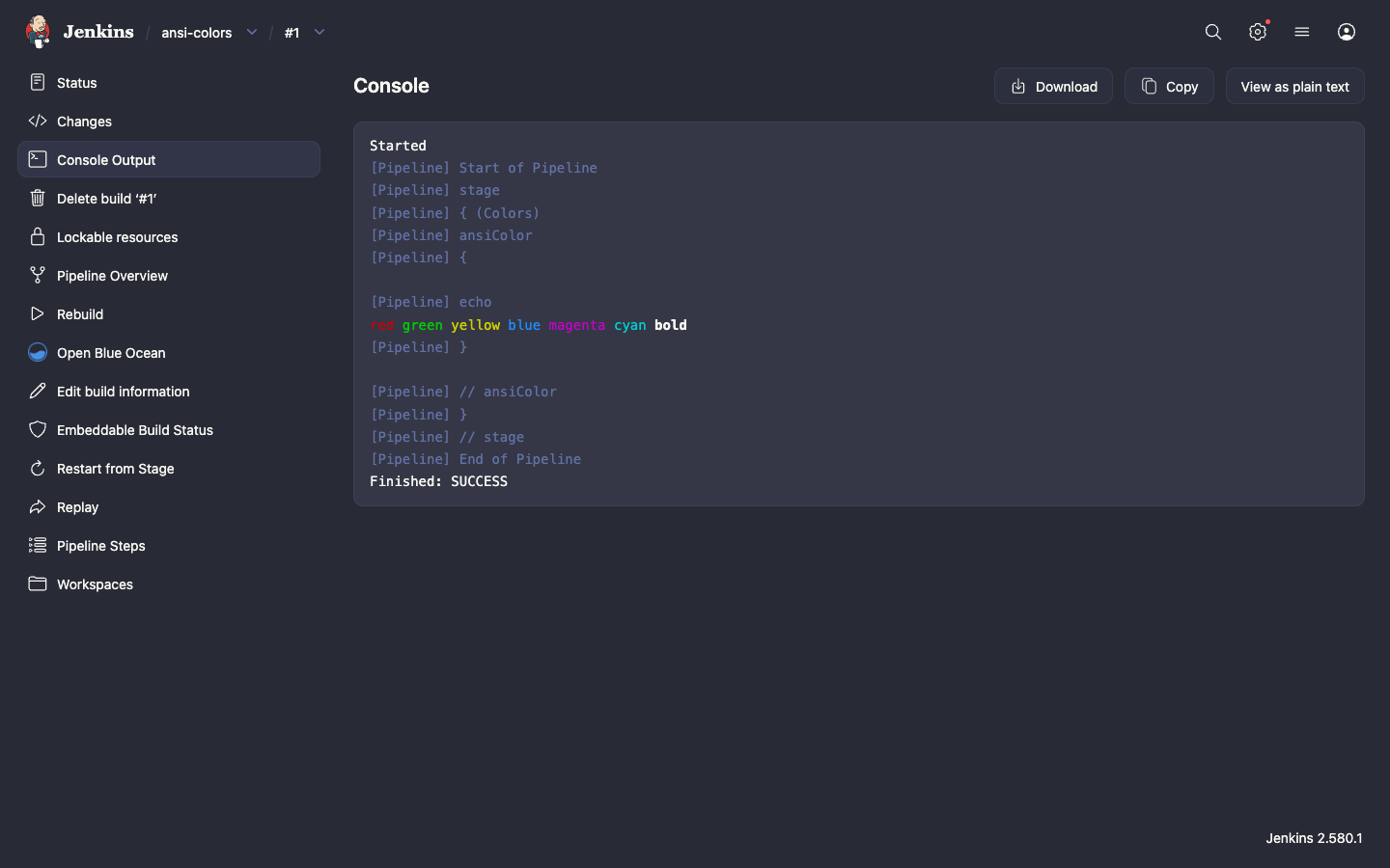 Console output of a Pipeline build