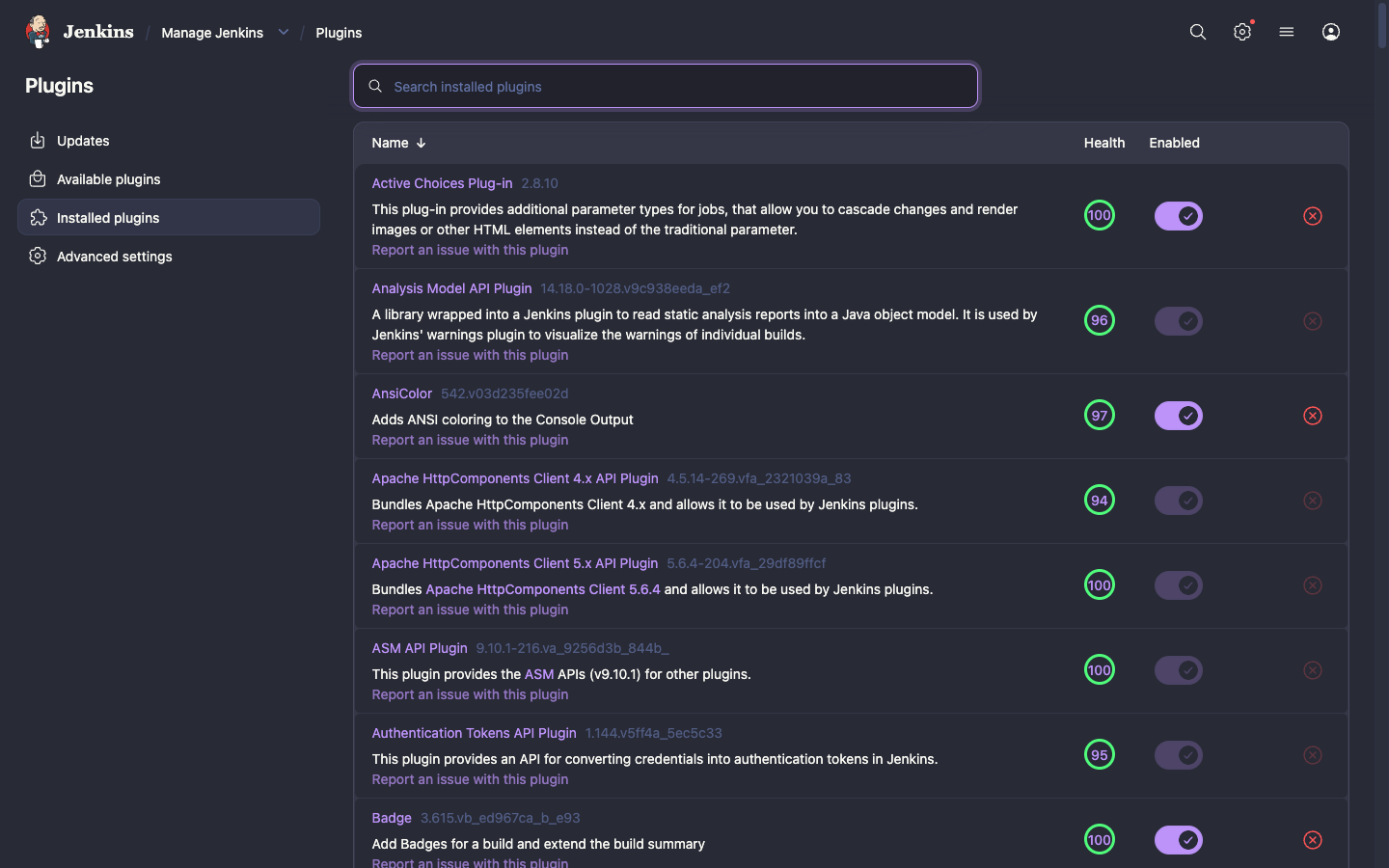 Installed plugins in the Plugin Manager