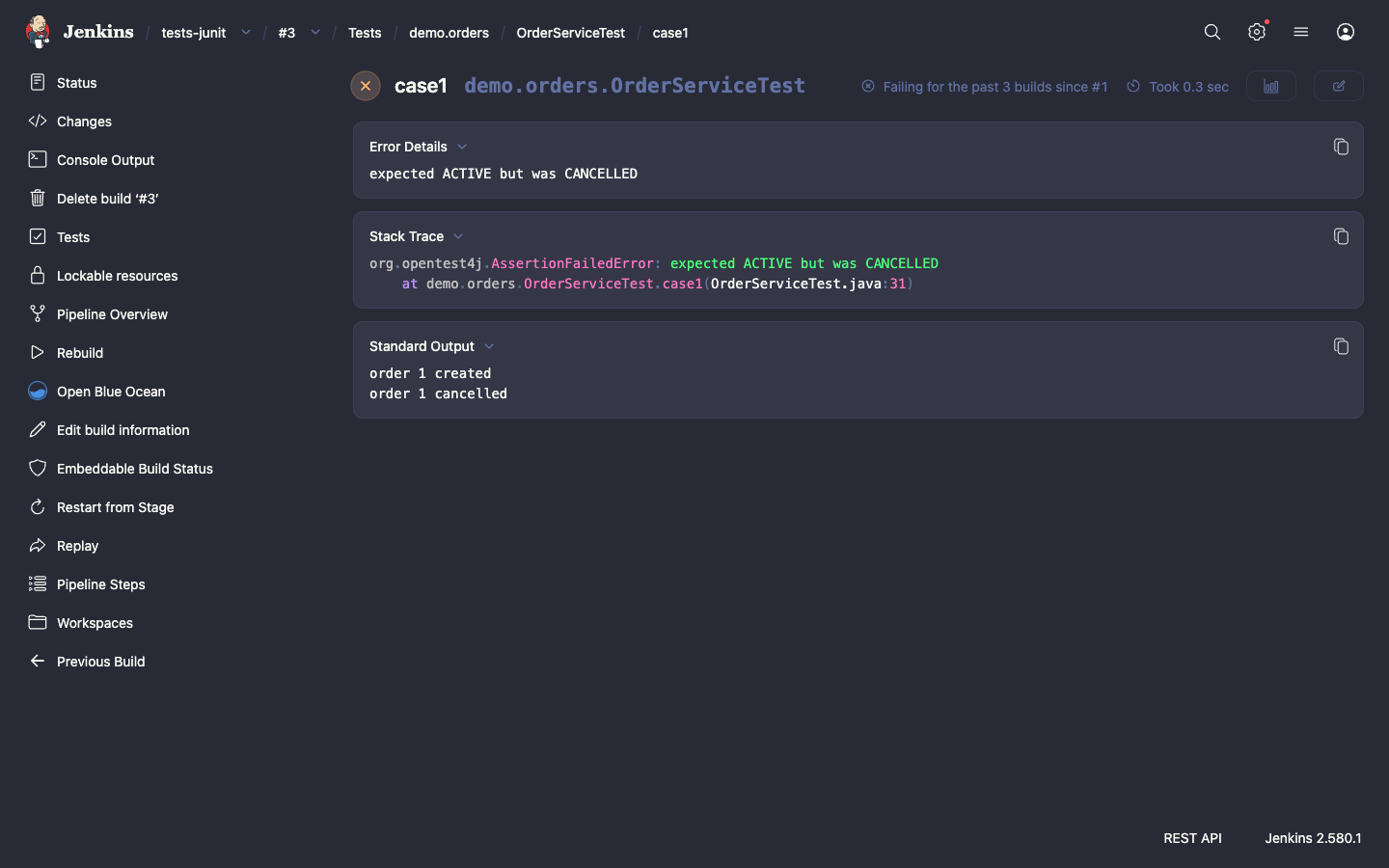 JUnit test result with a stack trace