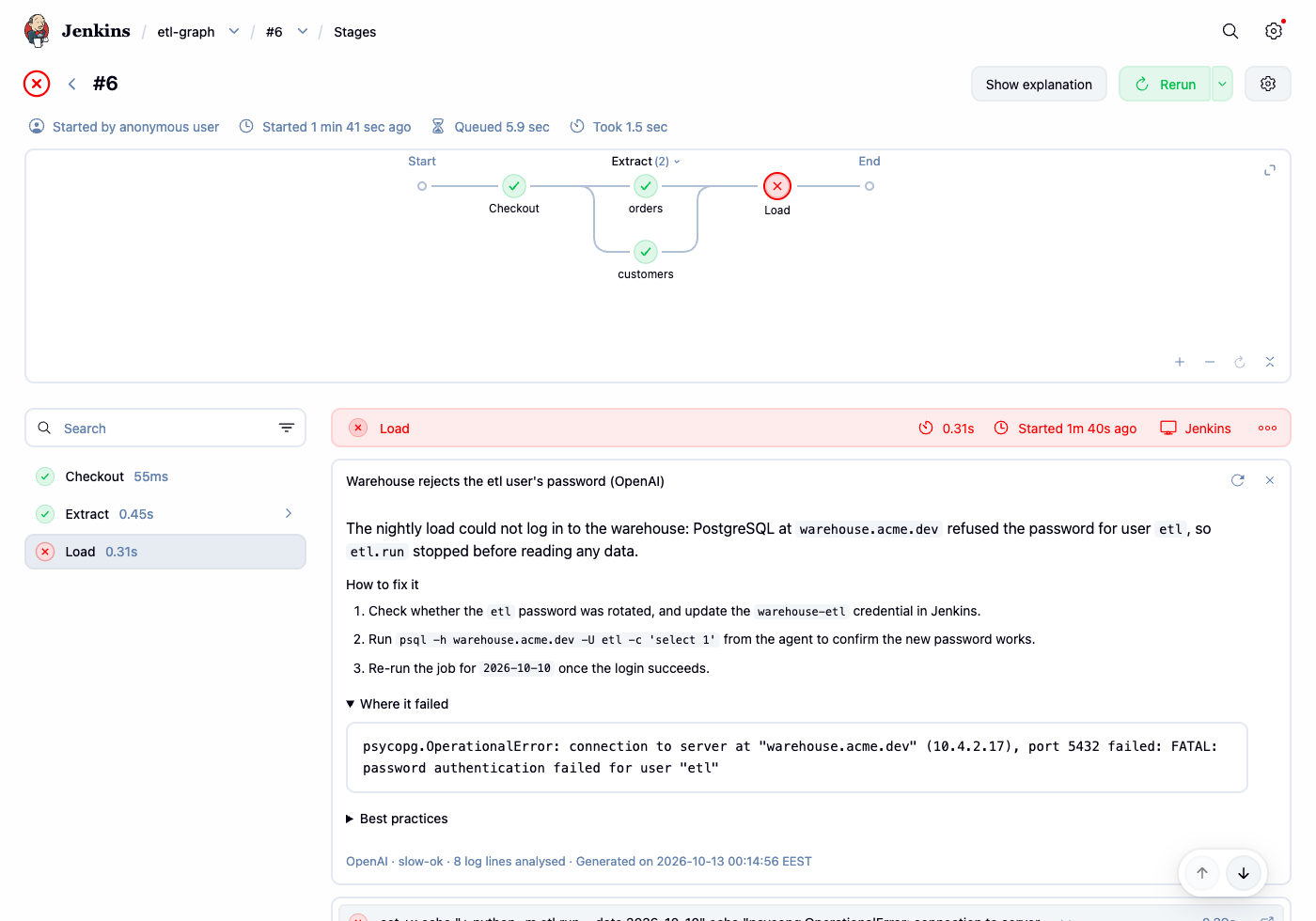 AI Error Explanation on the Stages page