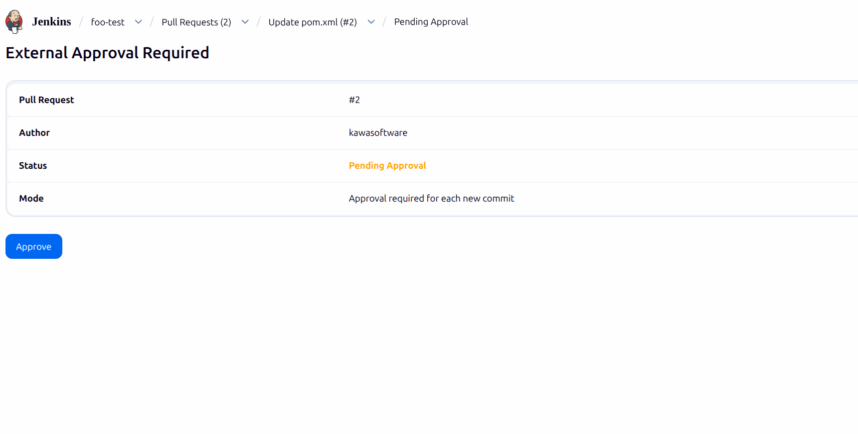 The "External Approval Required" page showing PR number, author, status and an Approve button