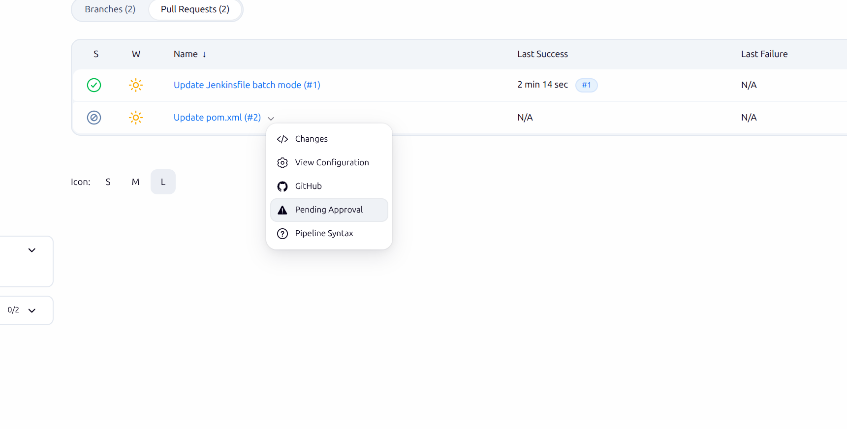 The Pull Requests list showing a disabled PR job with its "Pending Approval" menu entry