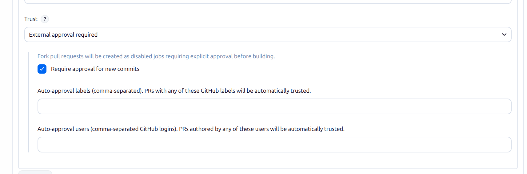 The fork PR trust policy set to "External approval required", with its options