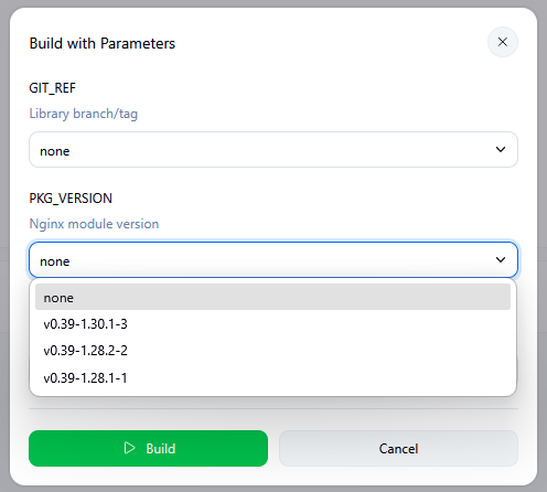 Build with Parameters dropdown of package versions