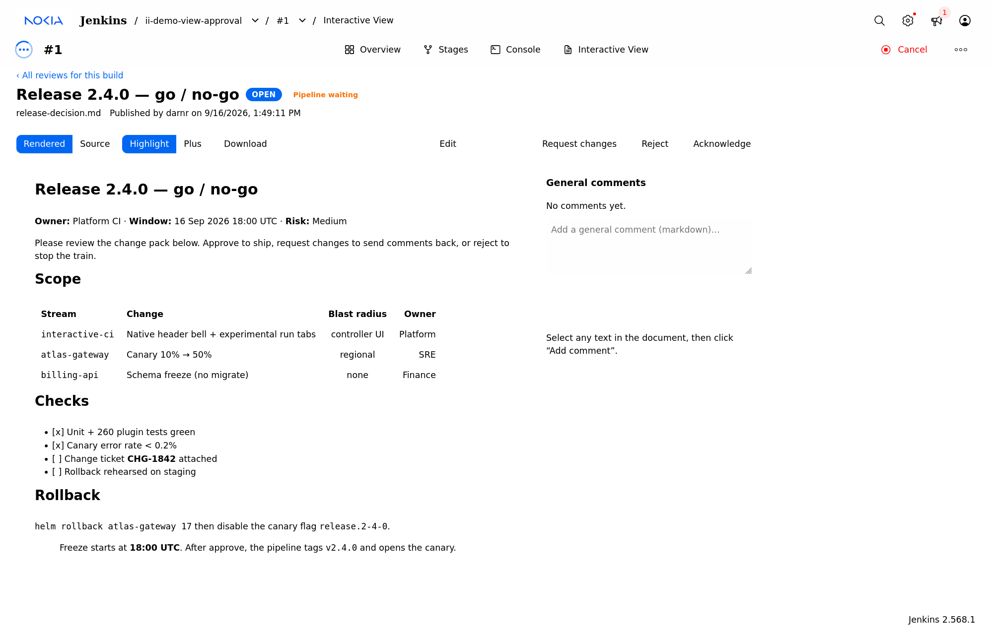 Interactive View — blocking approval on the experimental build page