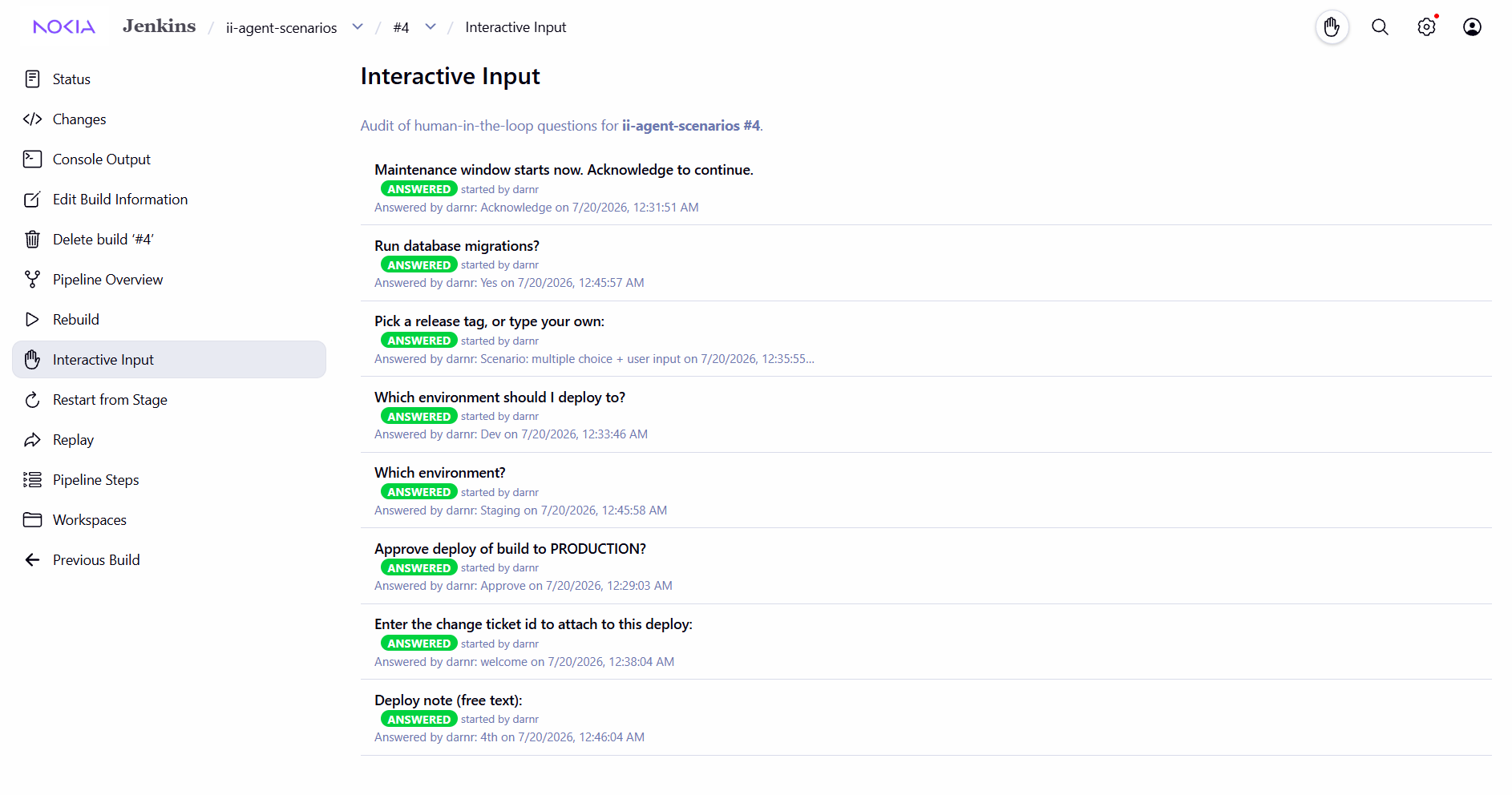 The per-build Interactive Input audit page