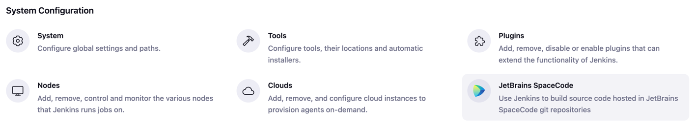 JetBrains SpaceCode section on the Manage Jenkins page