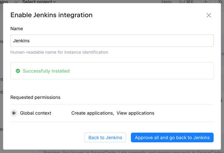 Approve permissions for Jenkins integration in JetBrains SpaceCode