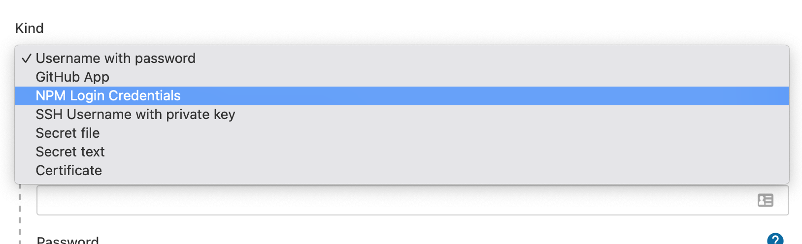 Select NPM Login Credentials as the credential kind.