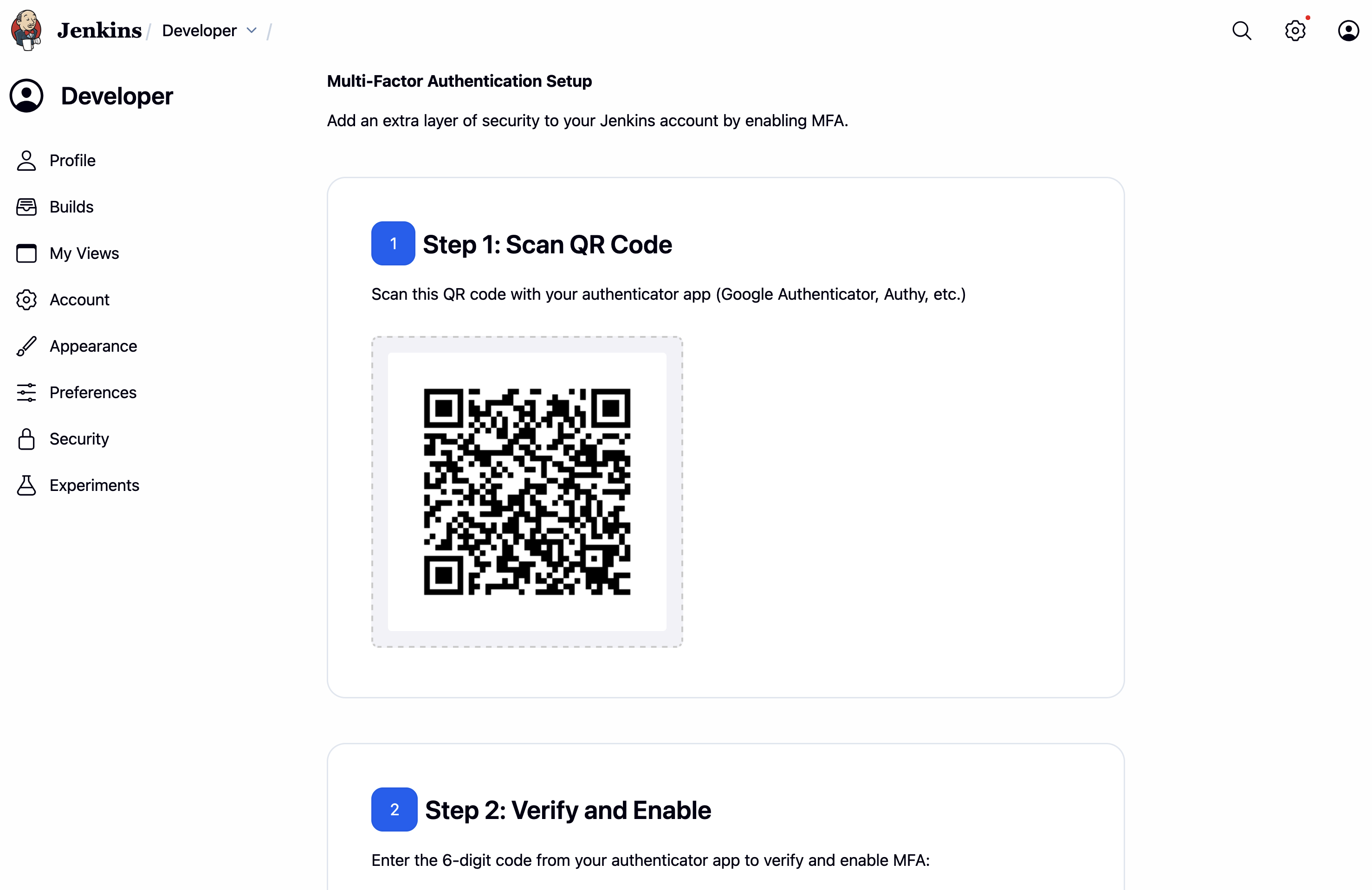 MFA setup page with QR code and verification input