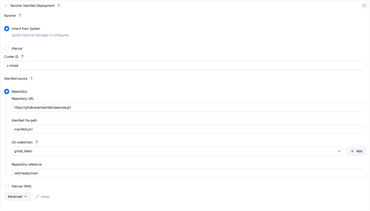 Job configure → Rancher Manifest Deployment