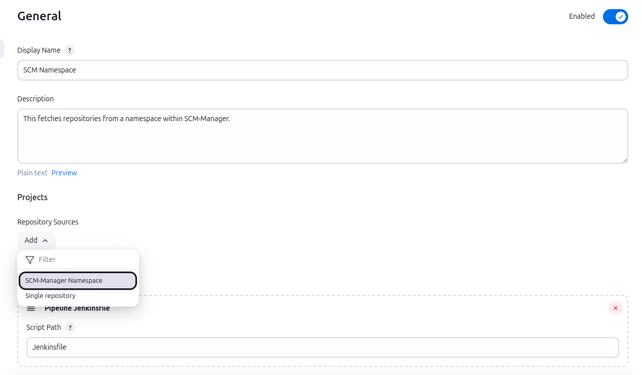 How to select an SCM-Manager namespace as organization folder