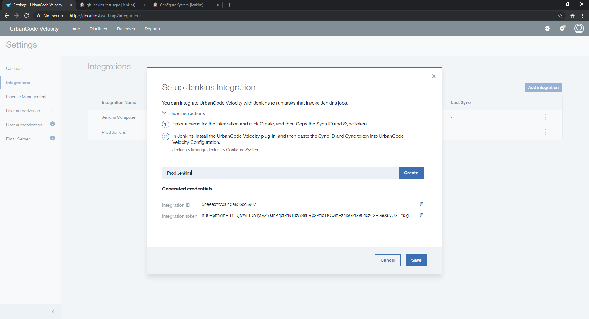 Jenkins Integration Dialog