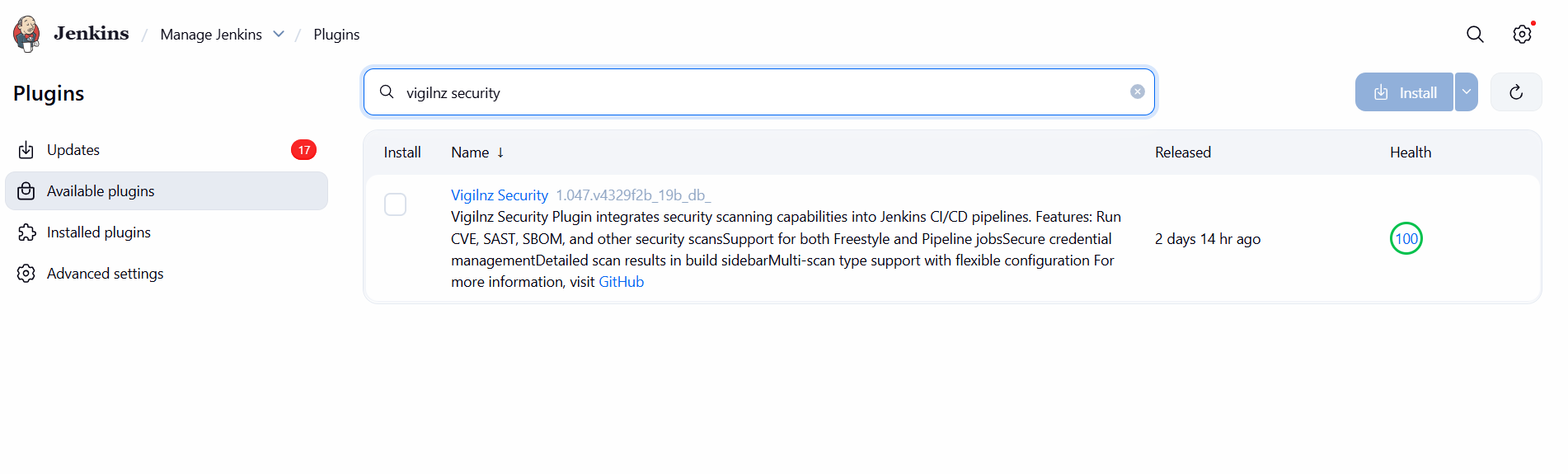 Plugin Manager search result