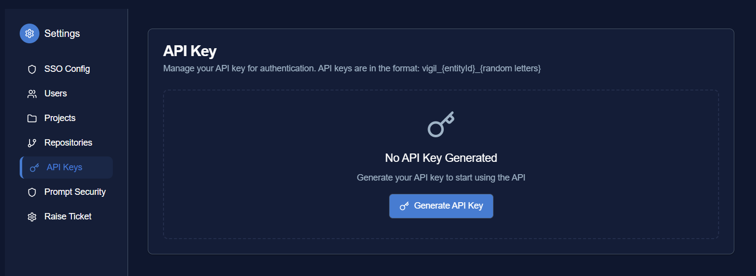 API Key generation screen