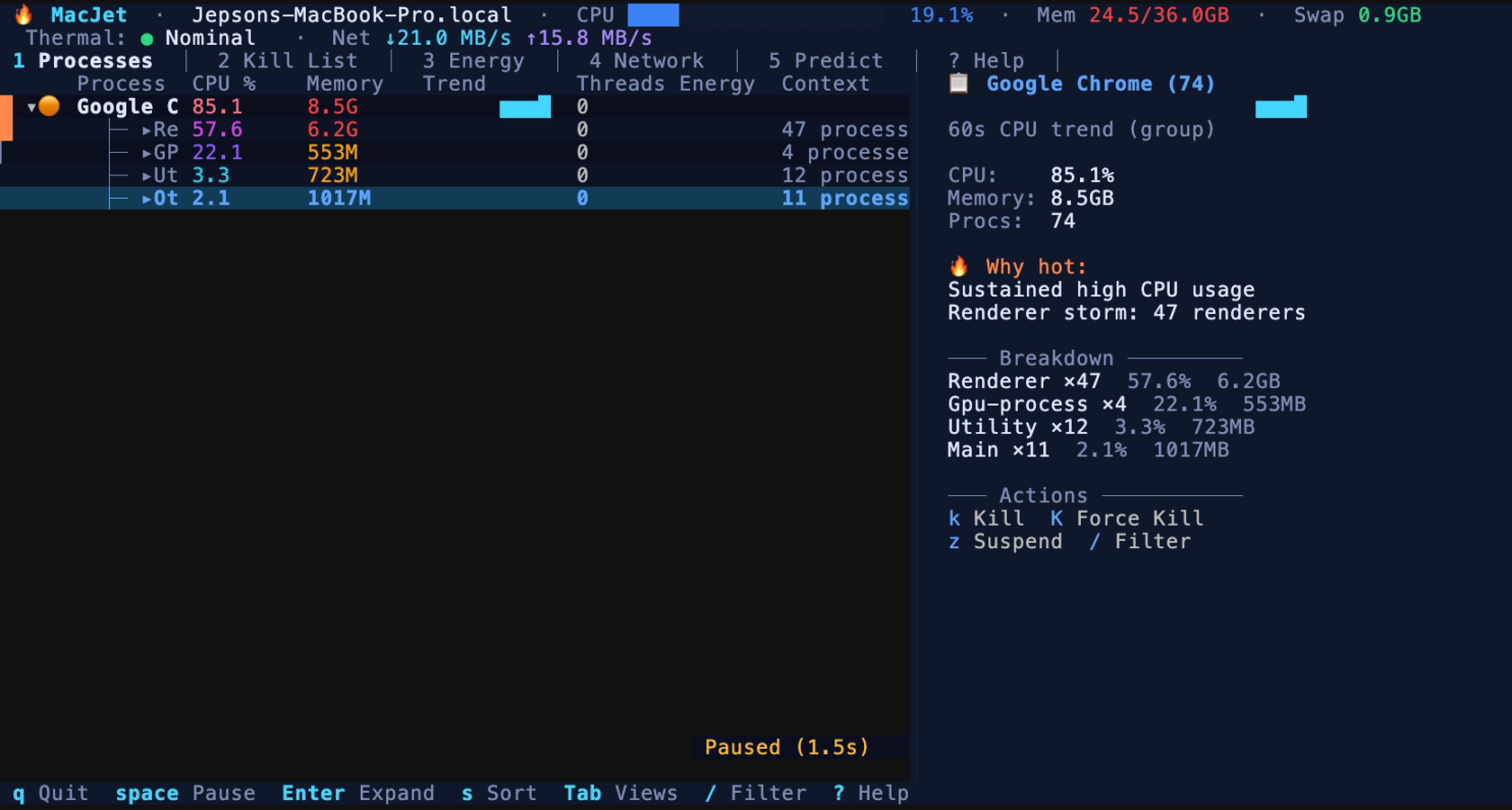 MacJet Processes view: filter and expanded Google Chrome group with CPU, memory, and inspector