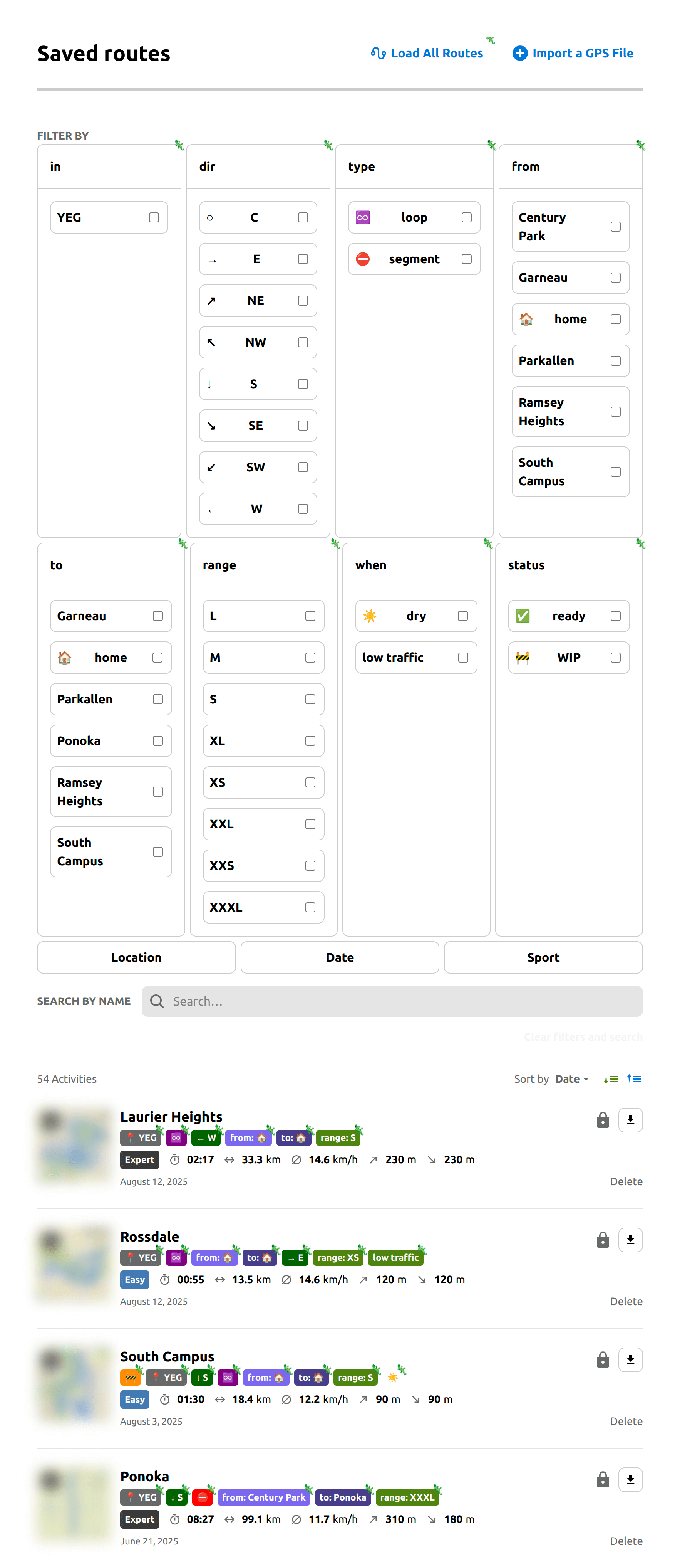 Screenshot of a kitchen sink style for the route list page