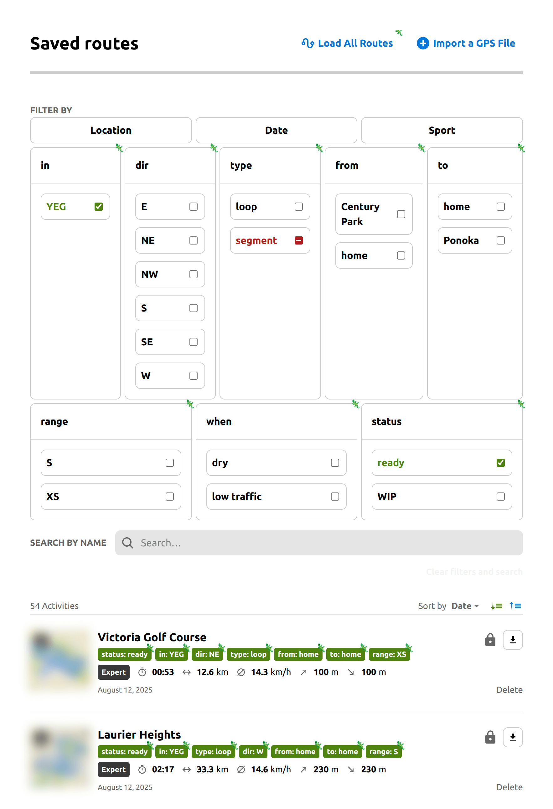 Screenshot of Komoot's route list page with Komodo