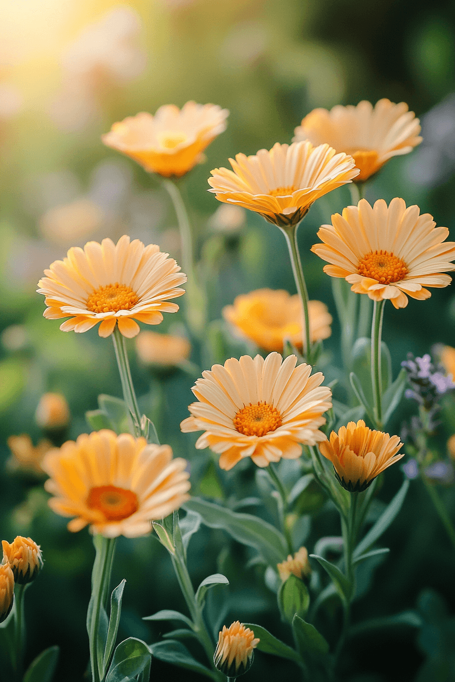 Soft sunlight illuminating apricot-colored Calendula flowers surrounded by green foliage and hints of lavender, evoking warmth and nurturing calm.