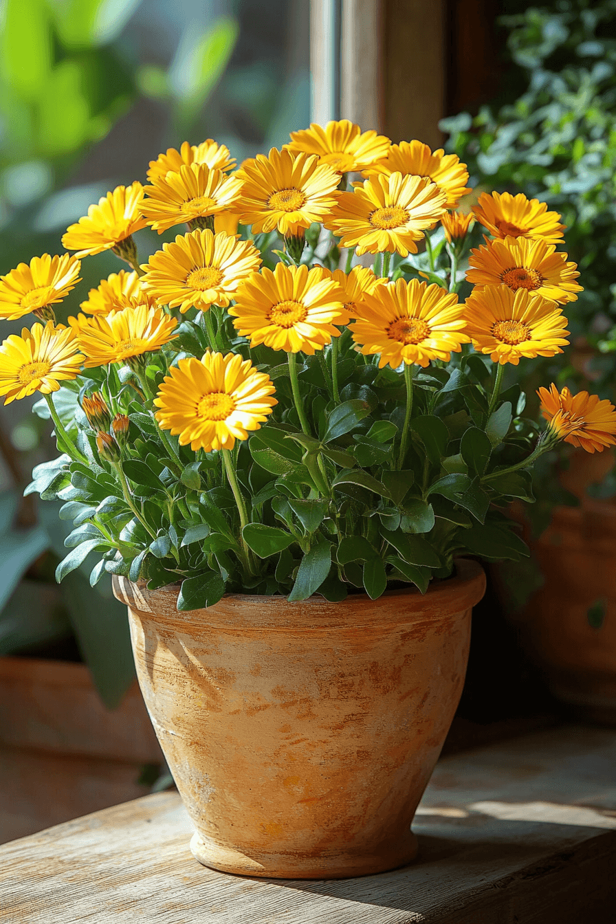Cluster of small bright yellow and orange Pacino Calendula flowers growing densely in a terracotta pot under sunlight, evoking joy and compact beauty.