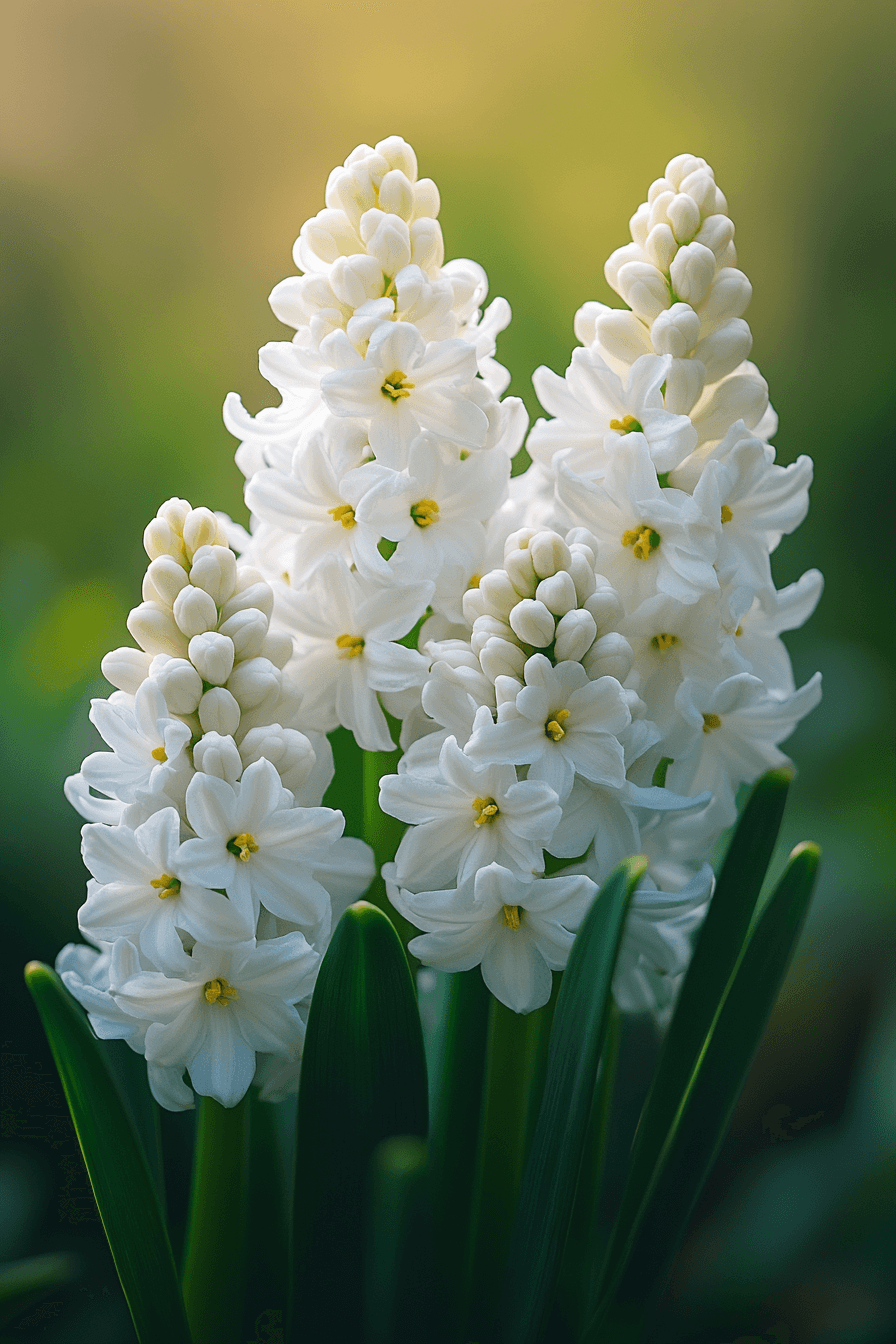 White Festival multiflora hyacinth with multiple white flower heads, airy and soft in spring light.