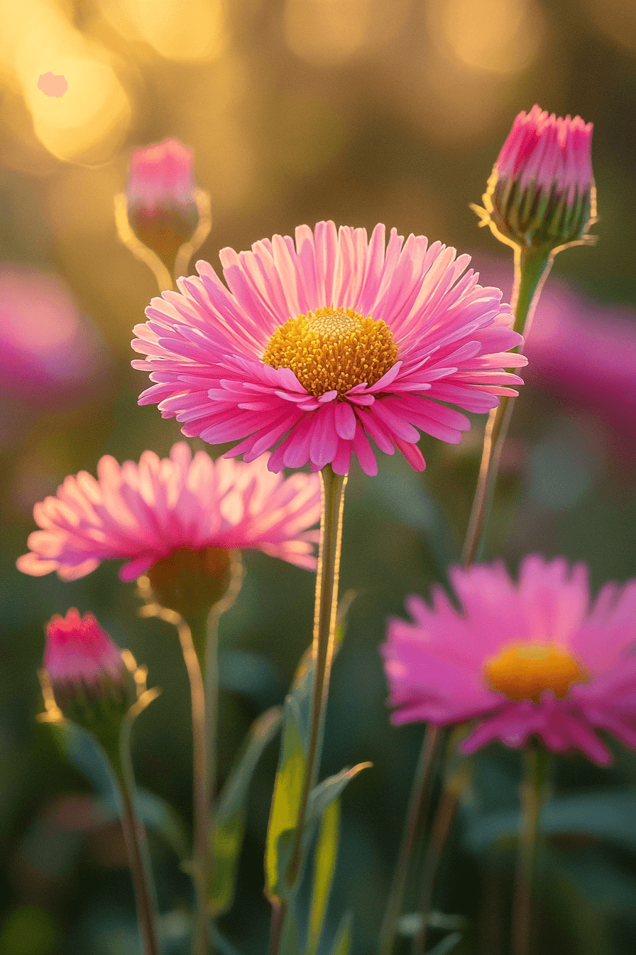 Vivid pink Alma Potschke Asters glowing in the sunlight, featuring dense rose-colored petals and a vibrant, cheerful presence.