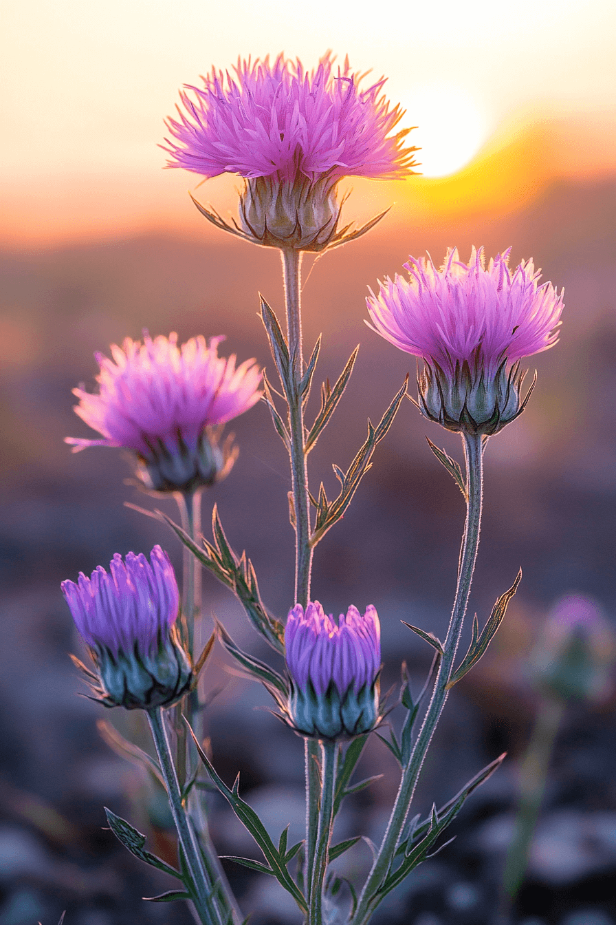 Tall lavender American Basketflower with spiky green bracts, blooming through dry soil in late sunlight — a portrait of resilience.