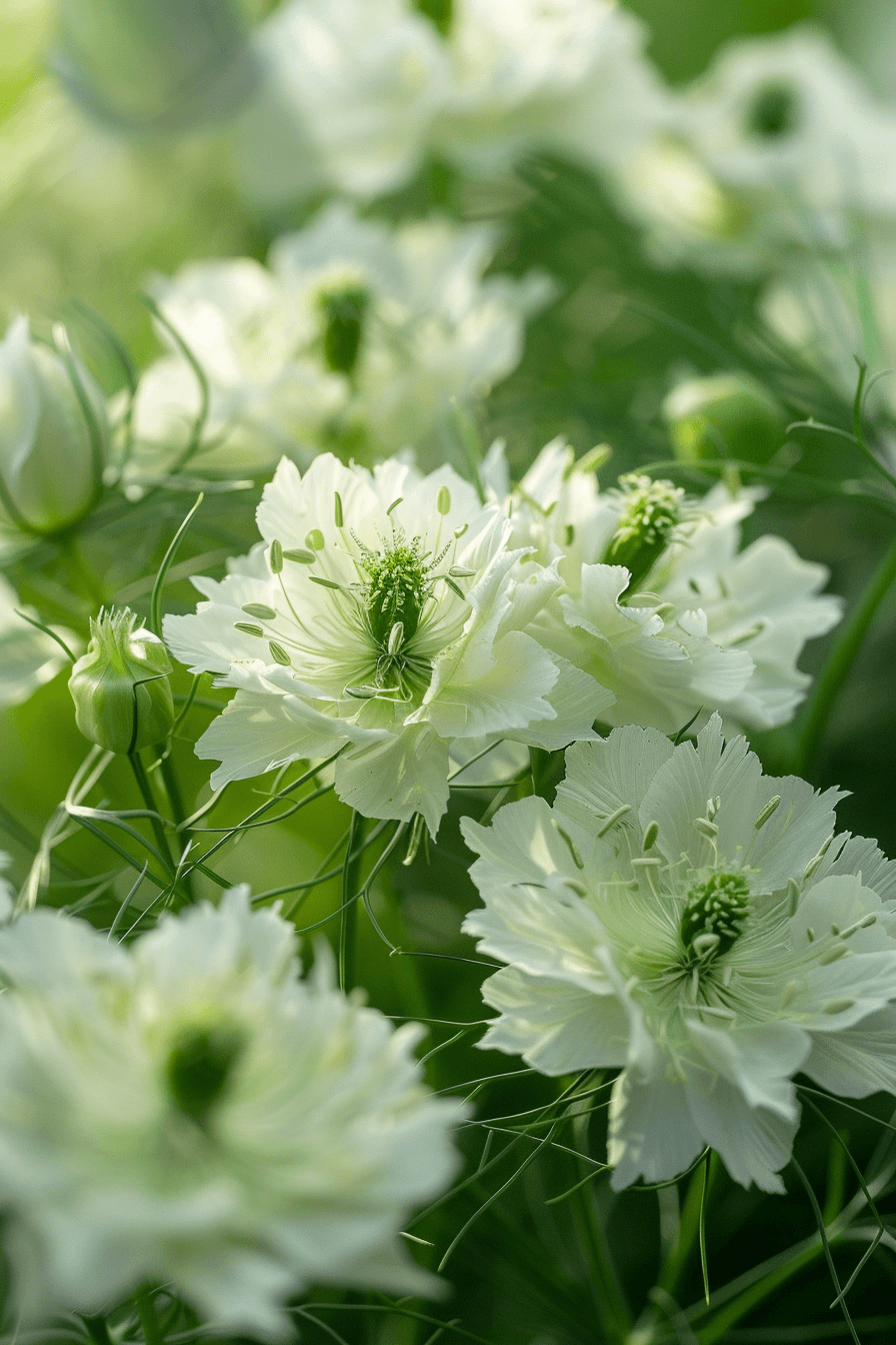 African Bride Love-in-a-Mist flowers with creamy white petals and soft green filigree leaves, illuminated by natural sunlight