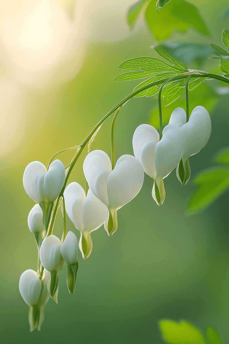 White Bleeding Heart flowers with delicate, translucent petals glowing in soft shade, evoking quiet purity and stillness.