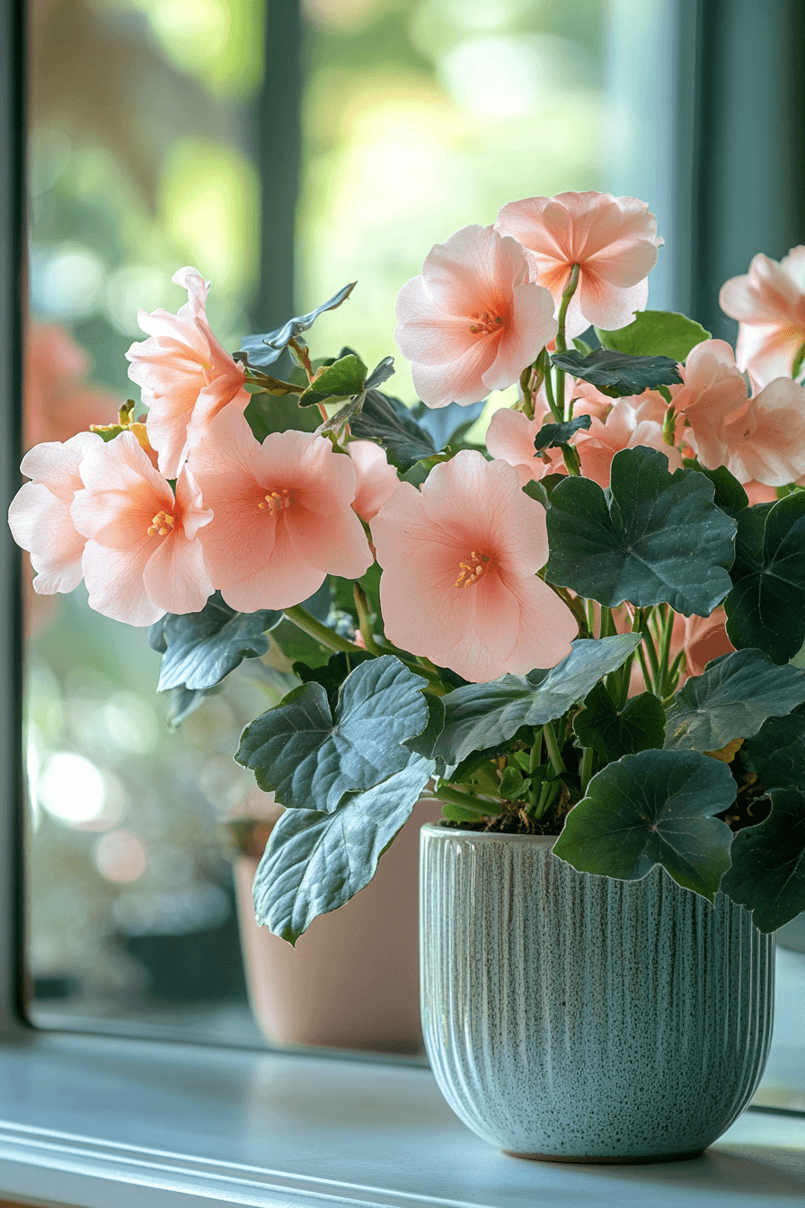 Elegant Angel Wing Begonia with speckled wing-shaped leaves and soft pink blooms, standing upright near a mirror in a minimalist, serene feminine interior.