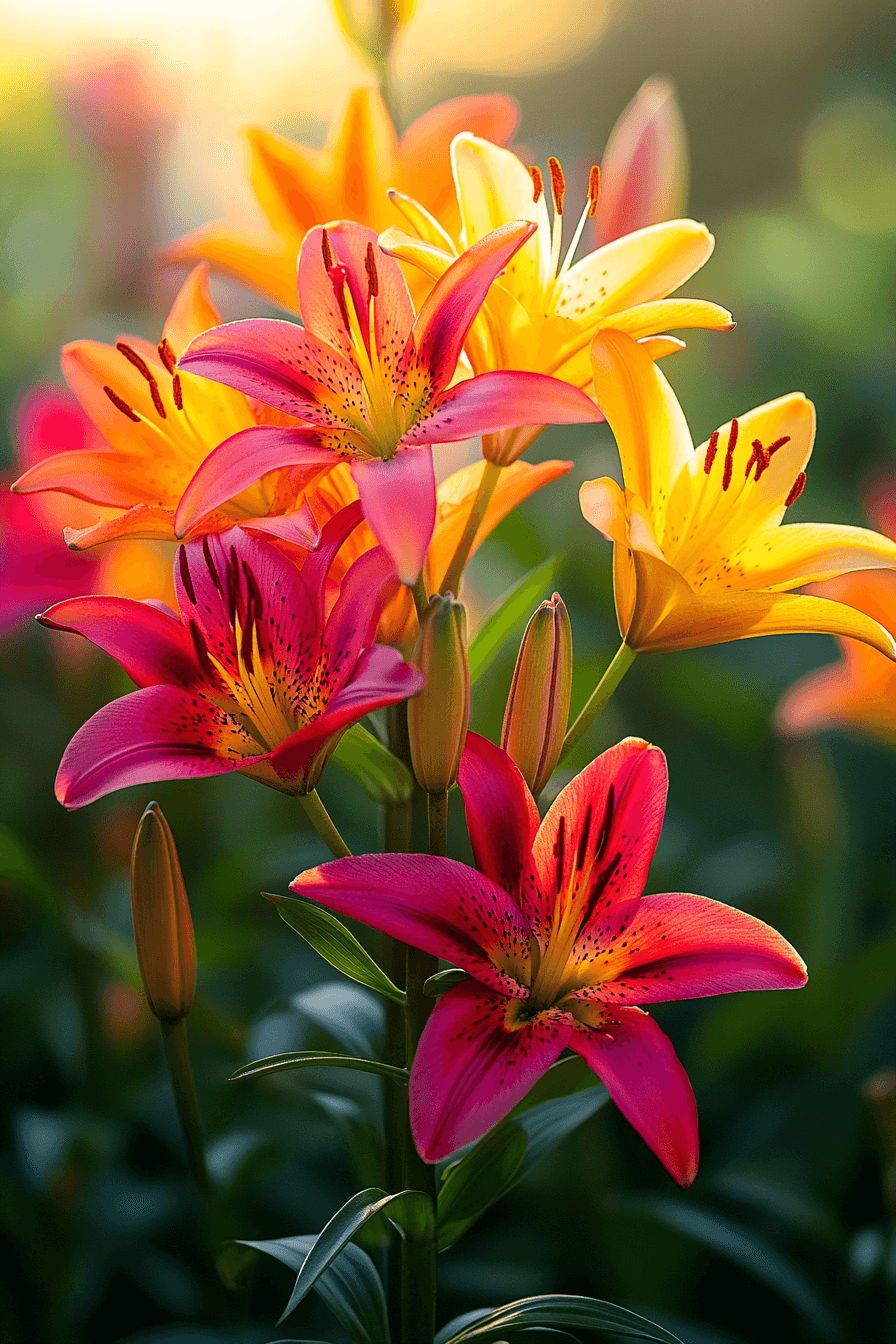 A cluster of bright orange and red Asiatic lilies in full bloom, standing tall in a sunlit garden.