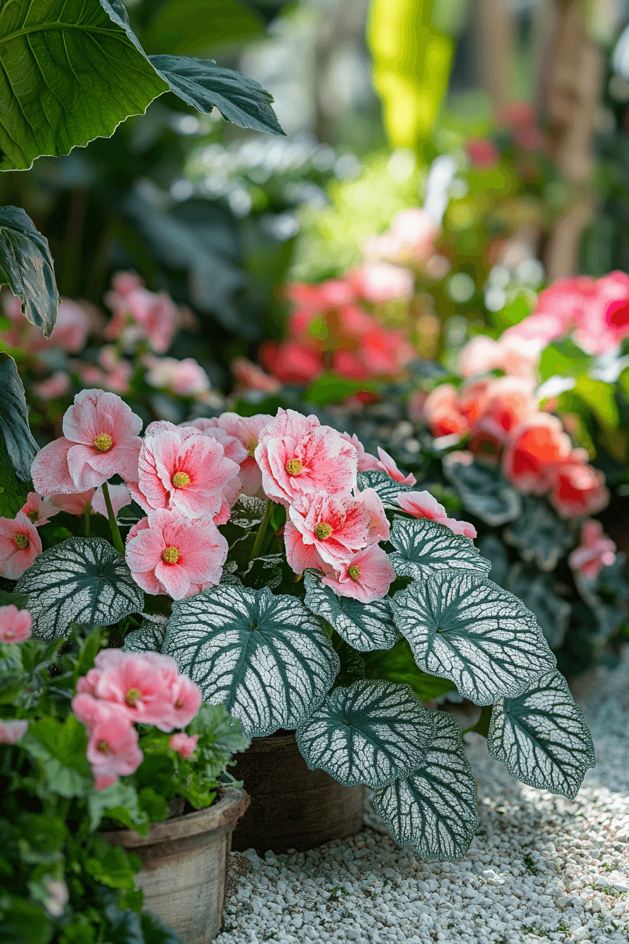 Wax, angel wing, rex, and tuberous begonias growing naturally in a garden setting, with vivid foliage textures and soft blooms