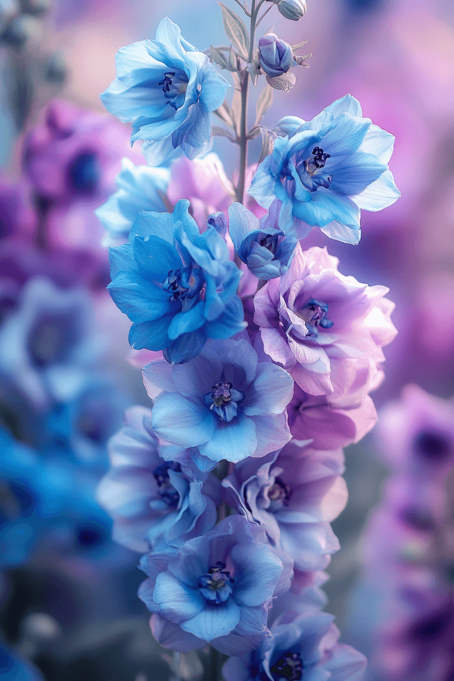 Lush clusters of Delphinium Belladonna Group with bright blue and violet flowers on sturdy stems, gently swaying in the afternoon breeze, radiating elegance and vibrant vitality