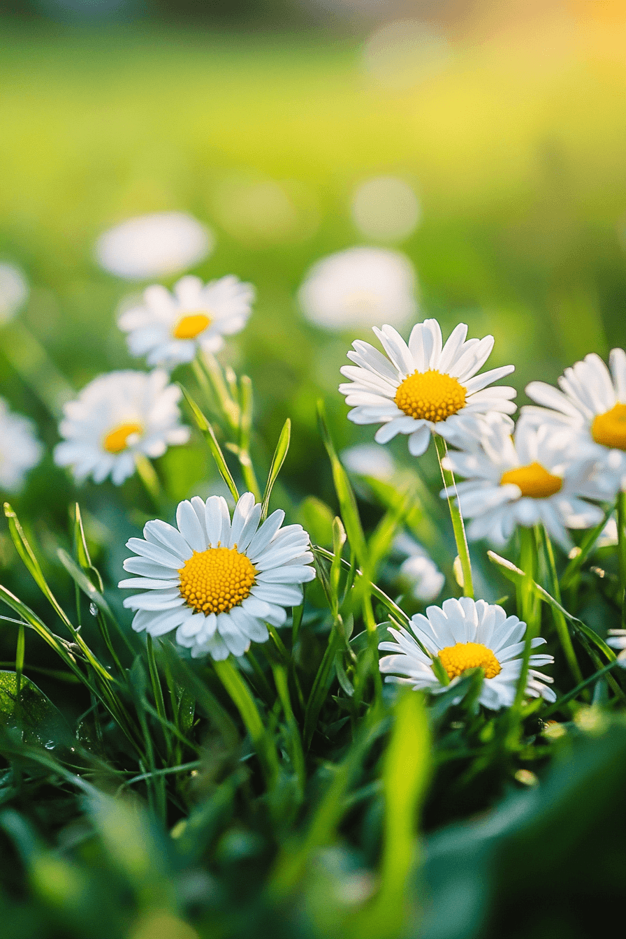 A close-up of Bellis perennis daisies blooming in a green lawn, with delicate white petals and bright yellow centers, evoking innocence and quiet resilience.