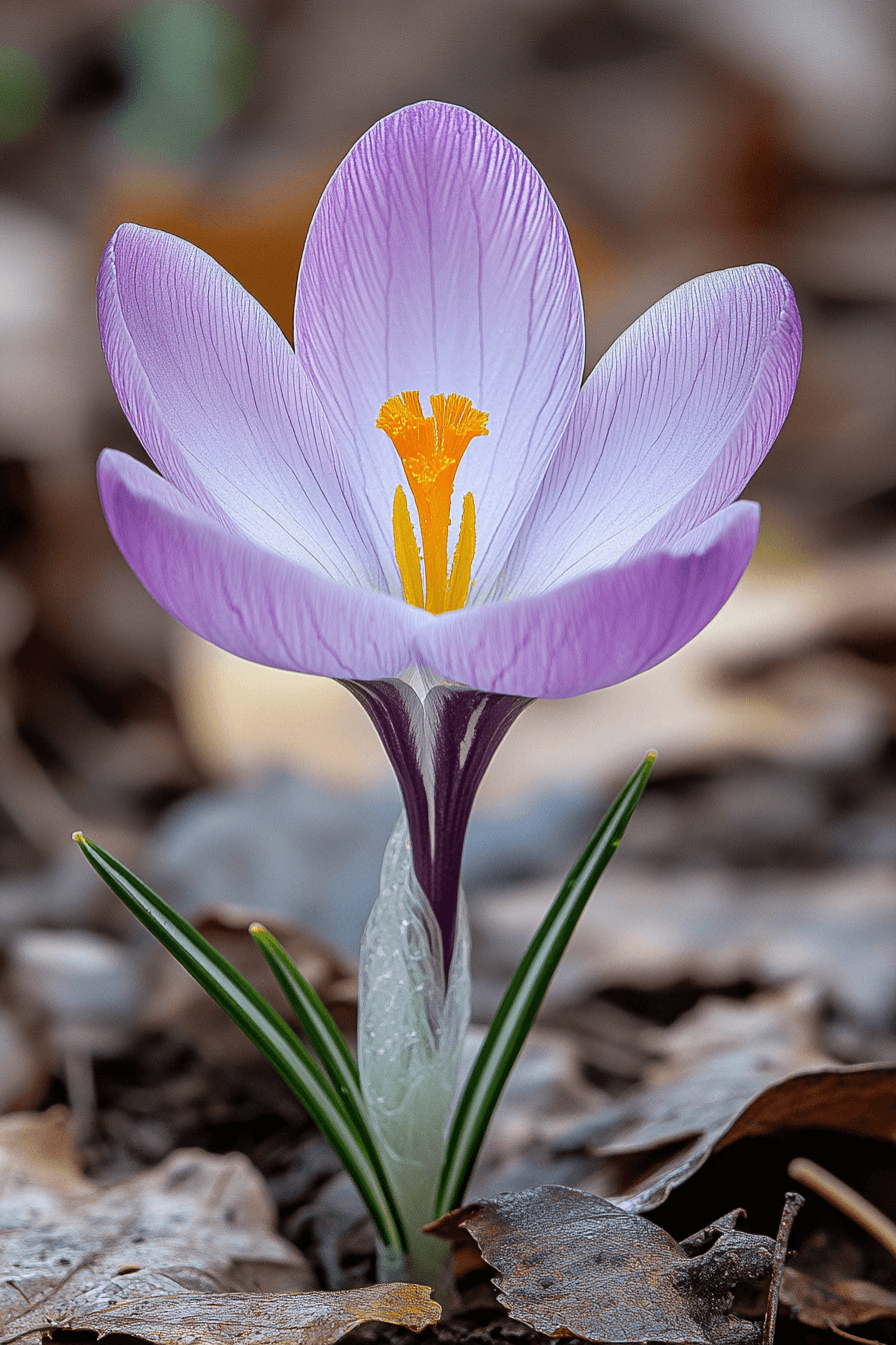 Gentle crocus ‘Blue Pearl’ with pale lavender petals and a golden heart, blooming in moist spring earth.