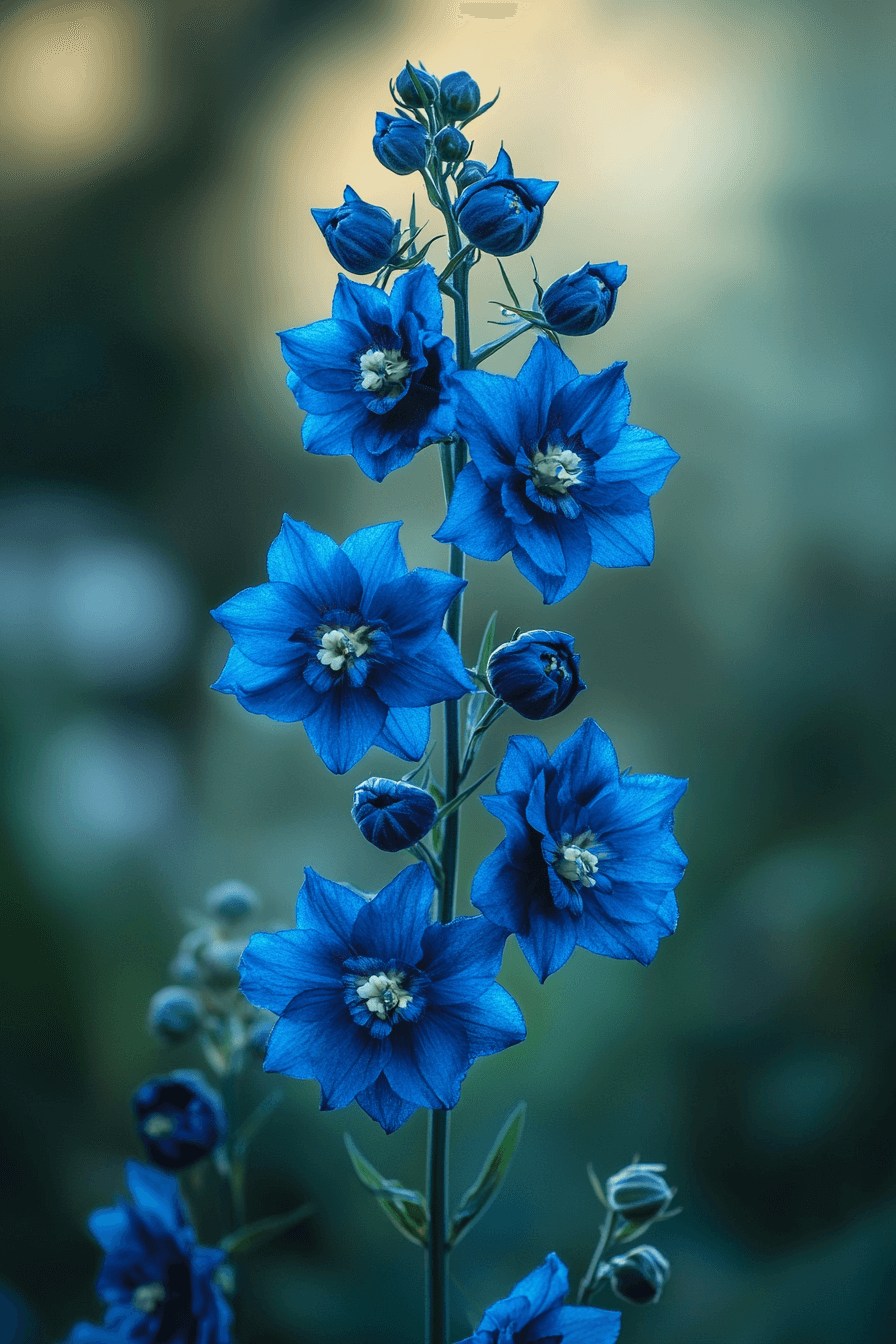 Striking Delphinium ‘Black Knight’ flowers with deep navy-blue, almost black petals standing tall against a blurred green garden background, exuding a mysterious and powerful allure