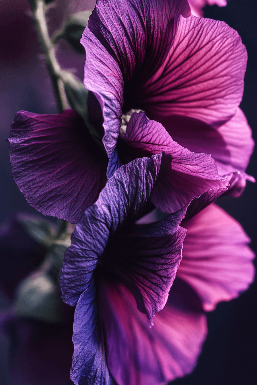 Blacknight hollyhock flower with deep midnight purple velvety petals in a natural garden setting