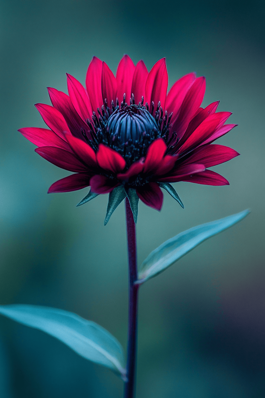 Deep burgundy Black Ball cornflower in dramatic light, with velvet-textured petals evoking moody elegance and quiet power.