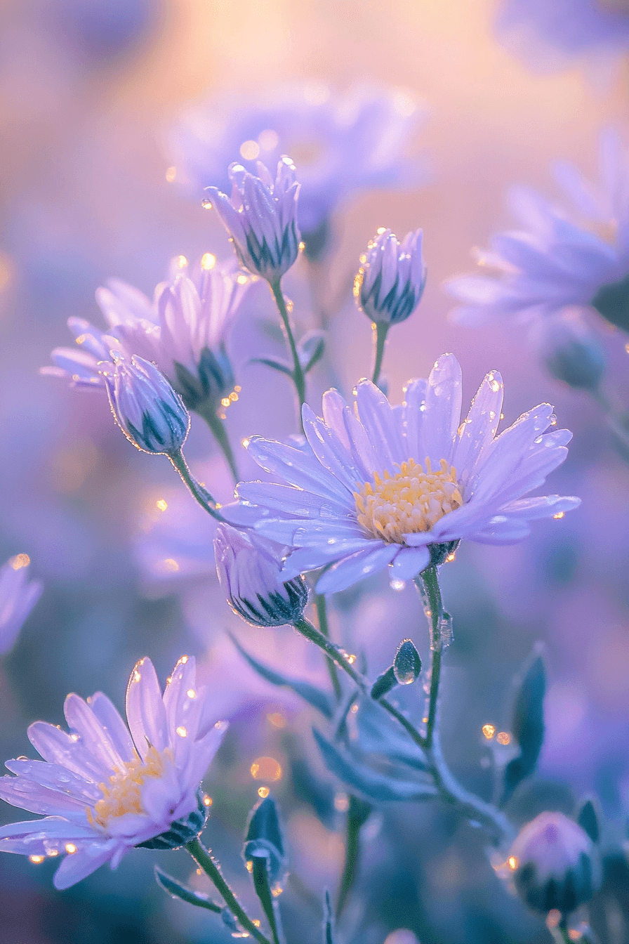 Elegant Blue Ice Aster with icy blue-lavender petals and slender green stems, gently catching the morning dew in early autumn light