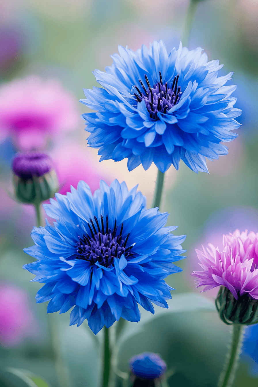Close-up of Blue Boy cornflower in vivid cobalt blue, showcasing its heirloom frilly petals under soft garden light.
