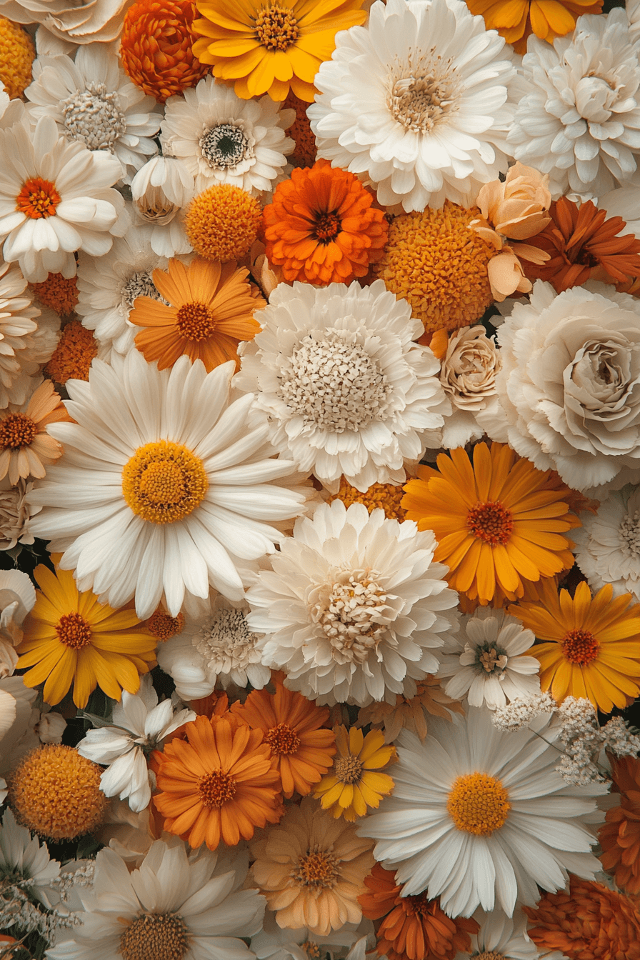 A vibrant bouquet of Calendula flowers in cream, gold, orange, and tangerine tones, showcasing joyful abundance and colorful celebration