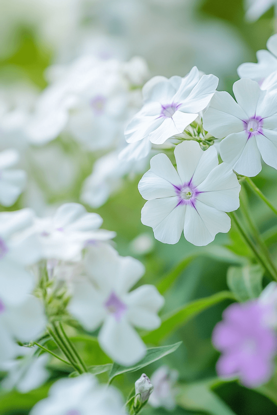 White Garden Phlox ‘Bright Eyes’ flowers with vivid violet centers blooming in a lush garden setting, captured in soft morning light, reflecting clarity and graceful beauty.