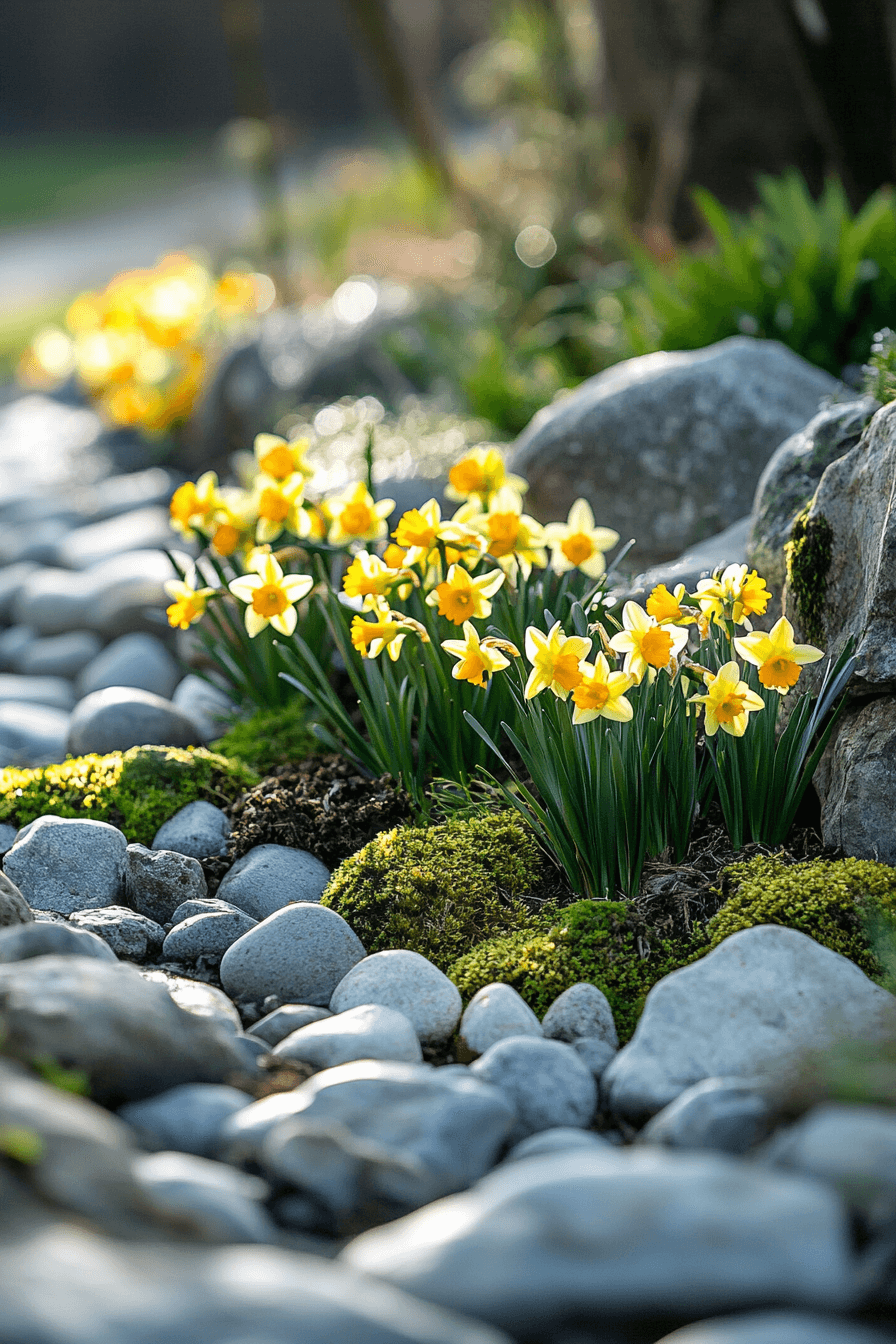 Tiny bulbocodium daffodils like 'Golden Bells' growing in a rock garden, with wide petticoat-shaped cups and golden-yellow hue
