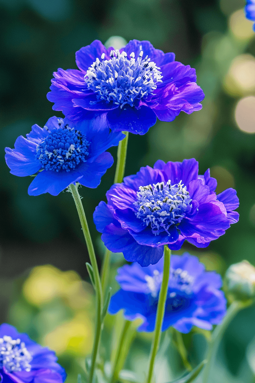 Vibrant bright blue Scabiosa ‘Butterfly Blue’ flowers in sharp focus showing detailed pincushion centers and fresh green foliage