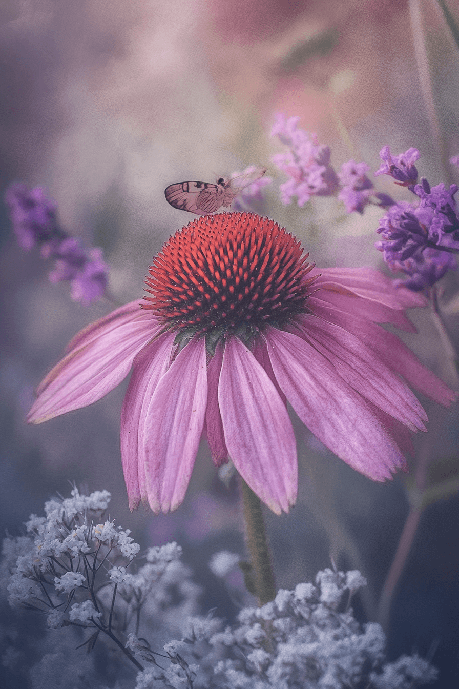 A delicate ‘Butterfly Kisses’ dwarf coneflower with fluffy pink pompom blooms — soft, sweet, and evocative of childhood wonder and healing.