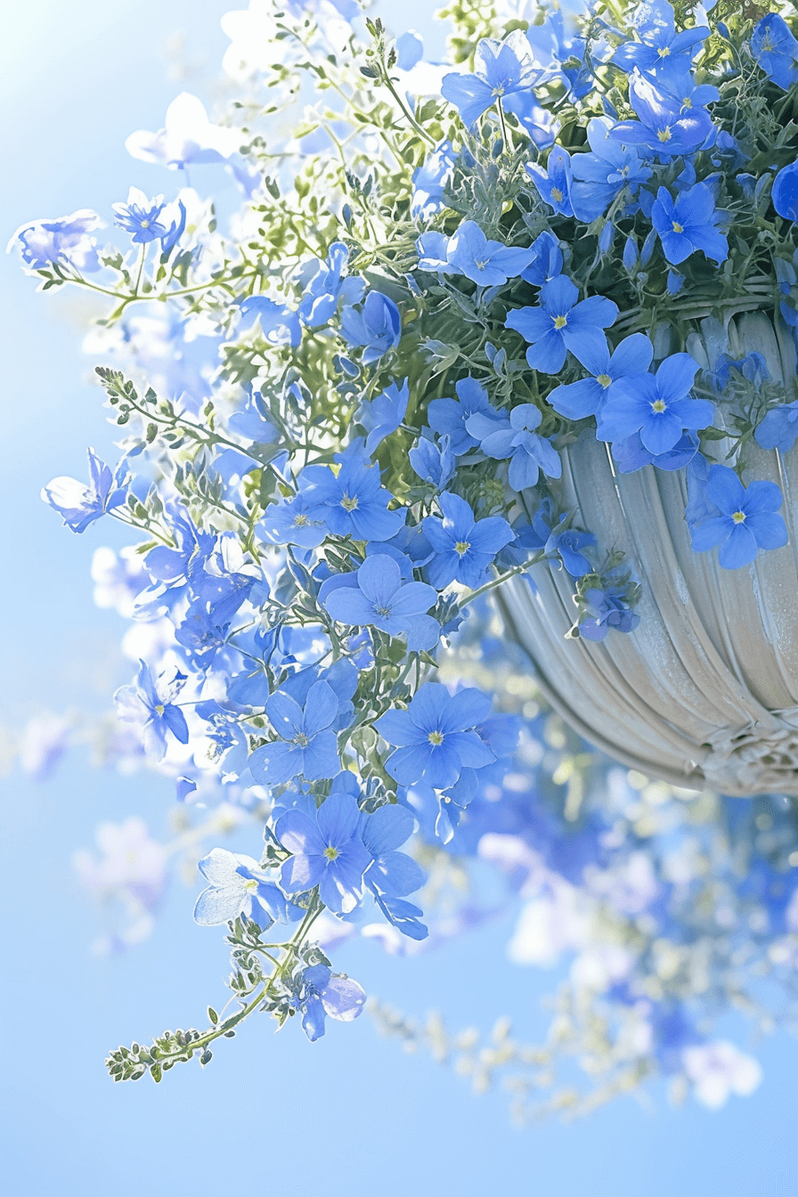 Soft sky-blue flowers of Lobelia erinus ‘Cambridge Blue’ gently spilling from a hanging basket, glowing under soft morning light.