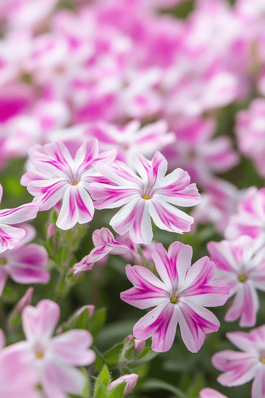 Clusters of delicate pink-and-white striped Creeping Phlox ‘Candy Stripe’ flowers growing among fresh green leaves, captured with natural light highlighting playful petal patterns and soft textures.